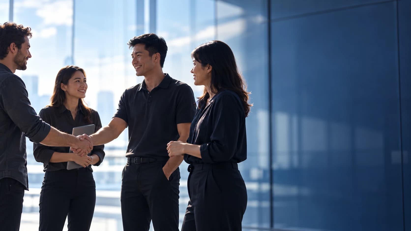 Creative collaborators shaking hands in a studio