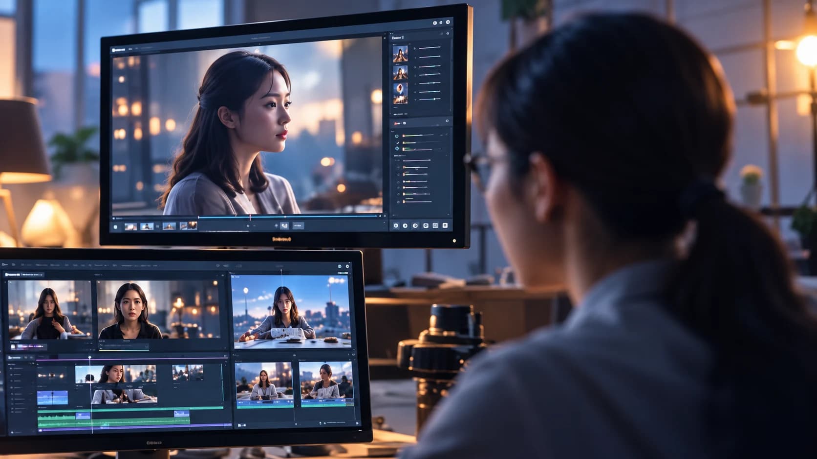 A creator reviewing a drama scene at an editing station