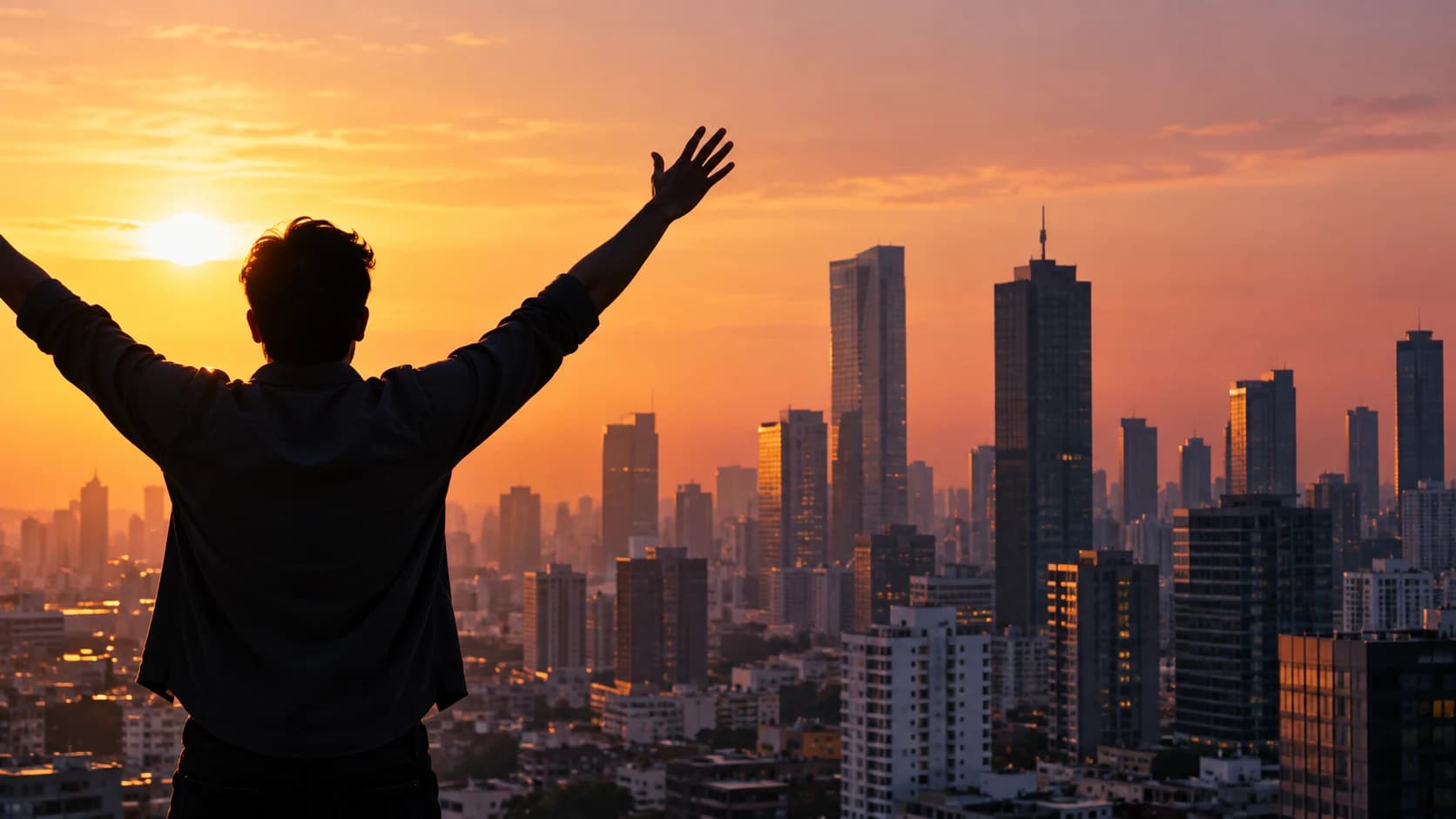 A creator facing the skyline with arms raised