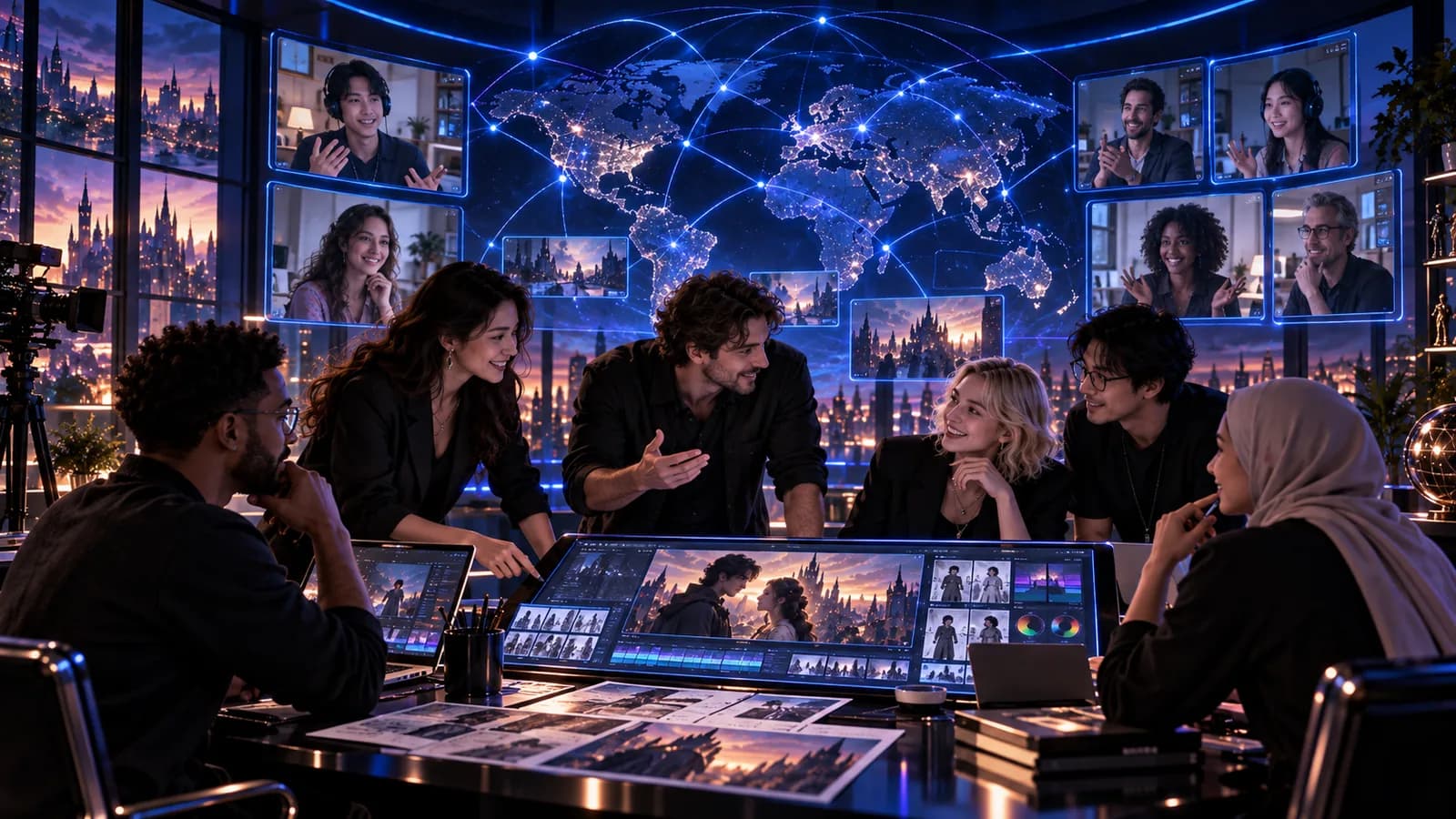 A team reviewing scenes with remote collaborators and a world map