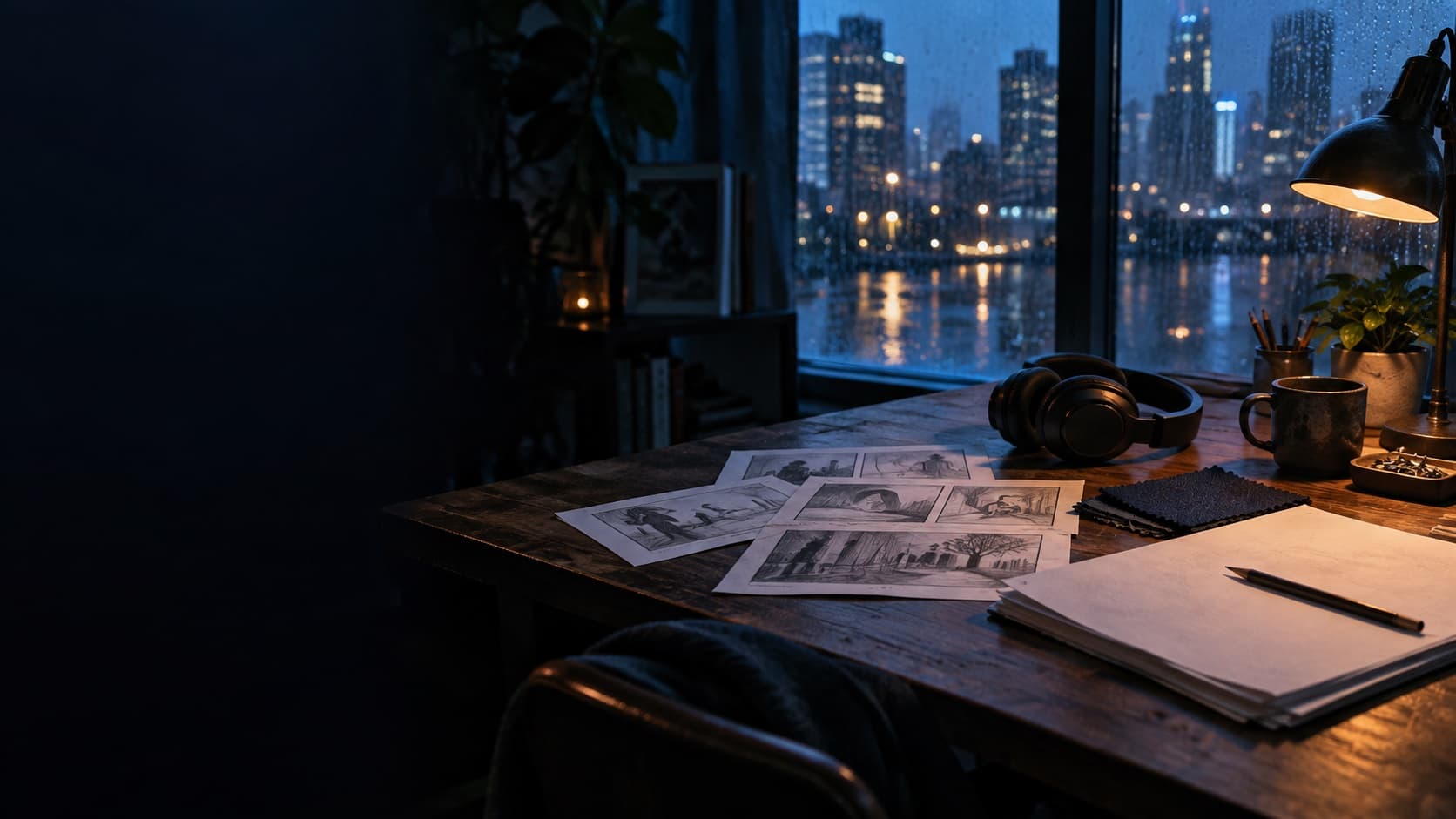 Creative workspace with storyboards and notes